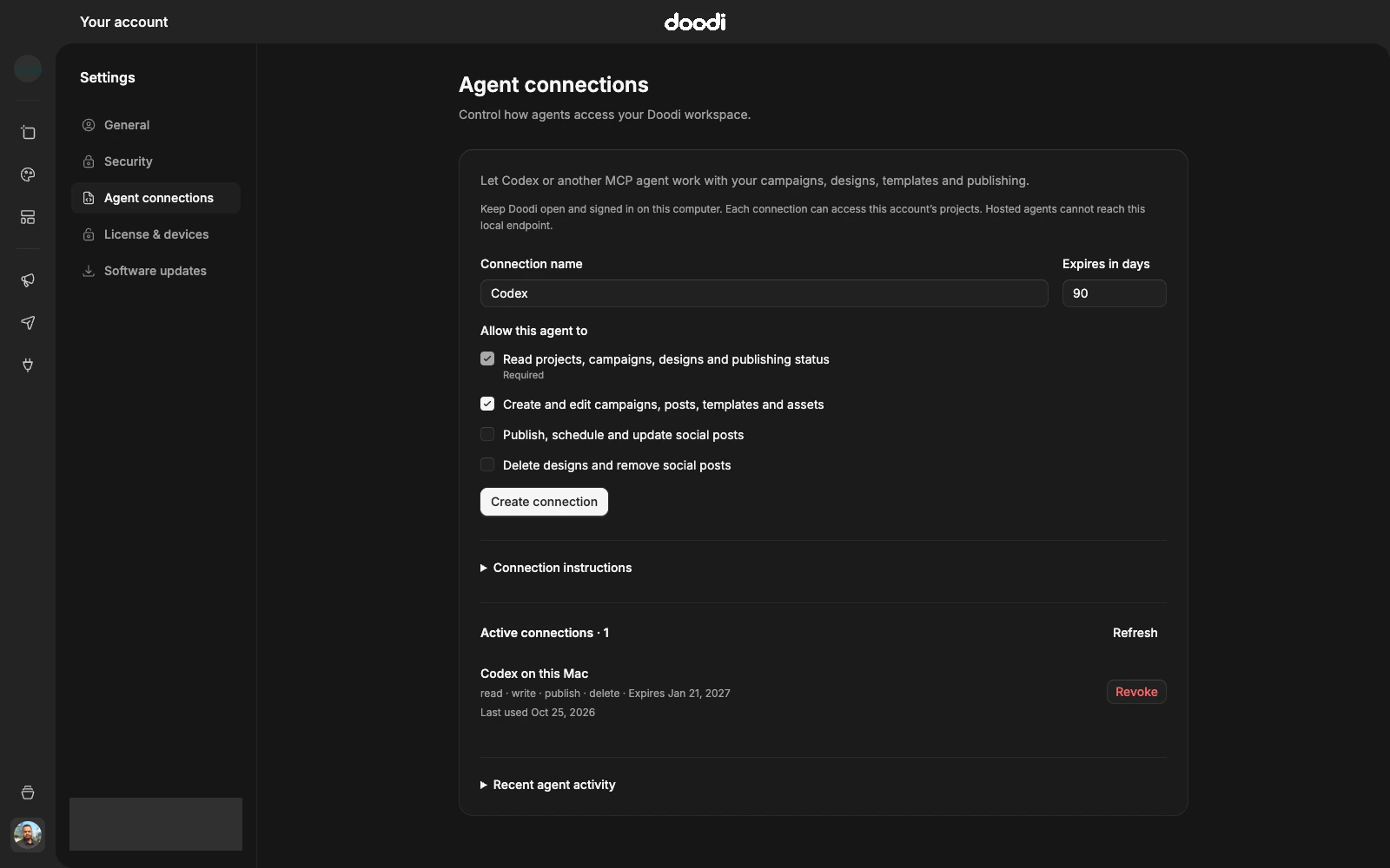 Agent connection settings with permission choices and account identity hidden