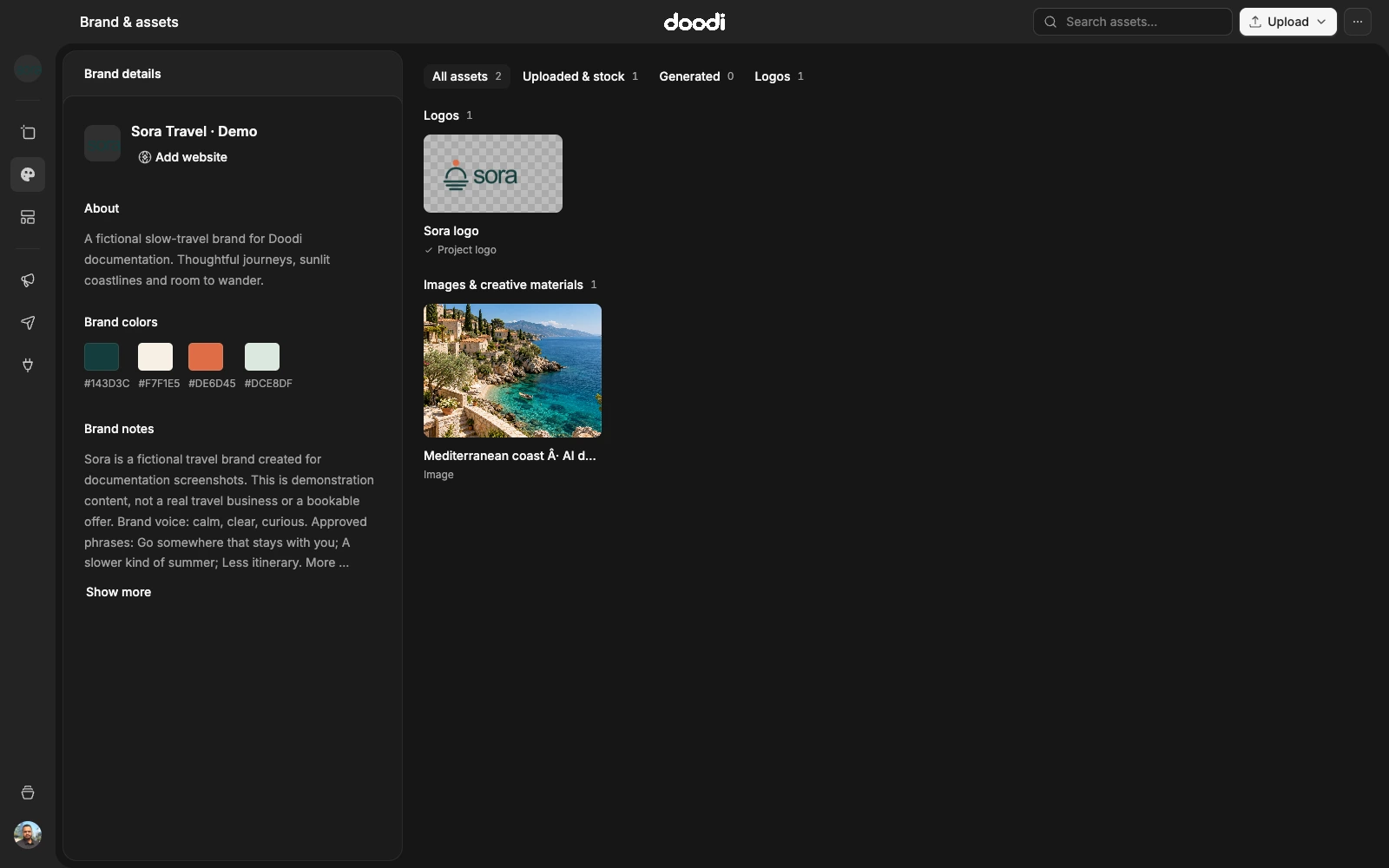 Brand & assets with Sora's original logo and coastal photograph