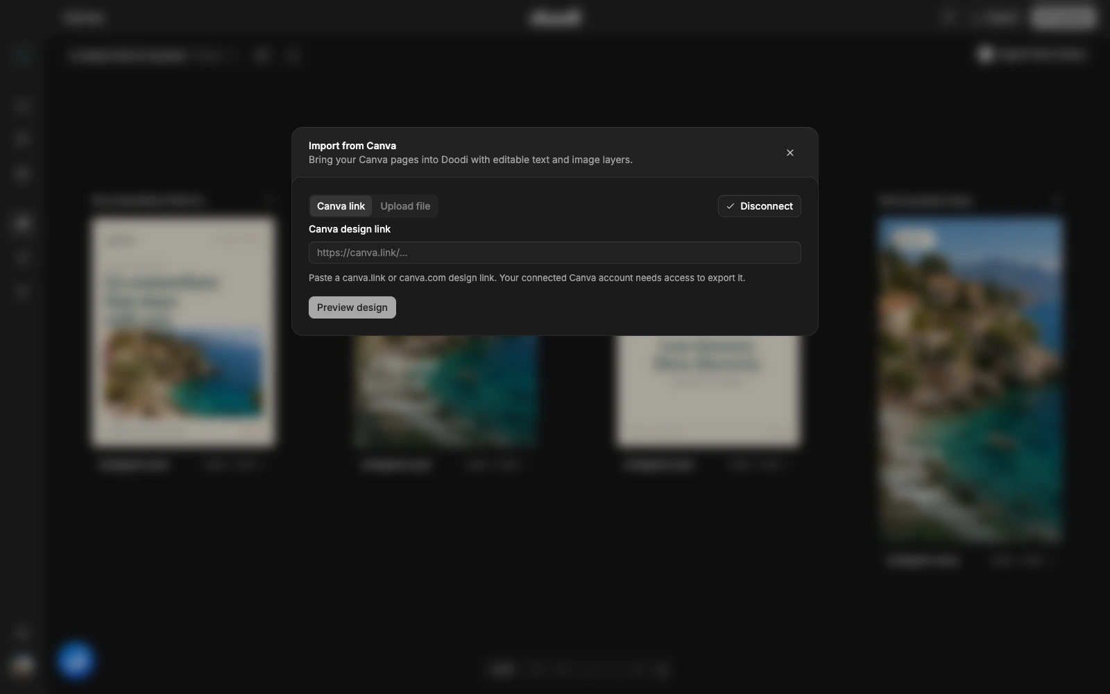 The Canva importer with Canva link and Upload file options