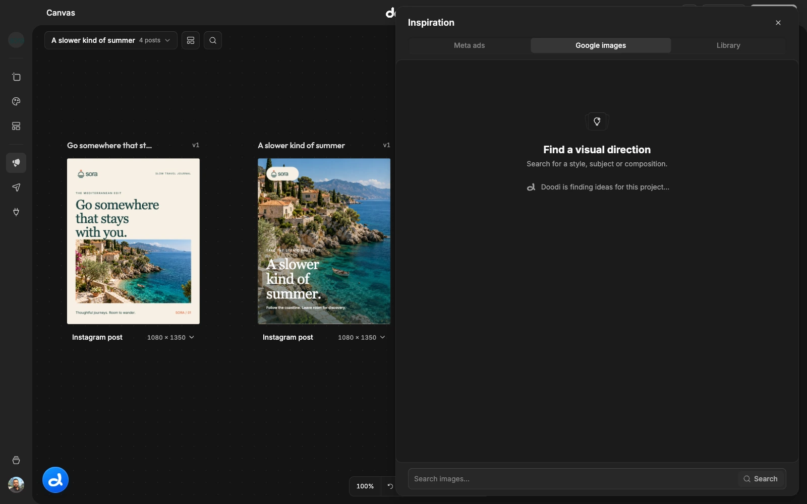 The Inspiration drawer with source tabs and project-based search suggestions