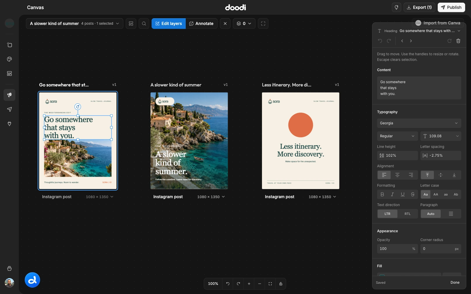 A selected text layer with live typography and color controls