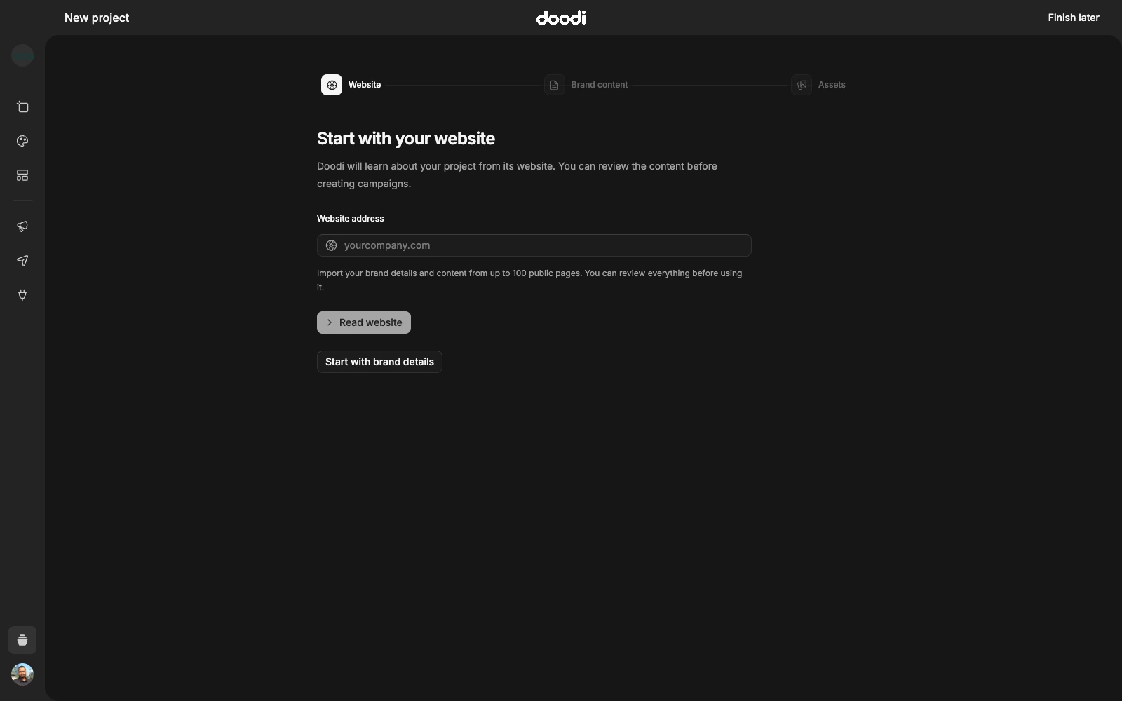 New project setup with website import and the manual brand-details option