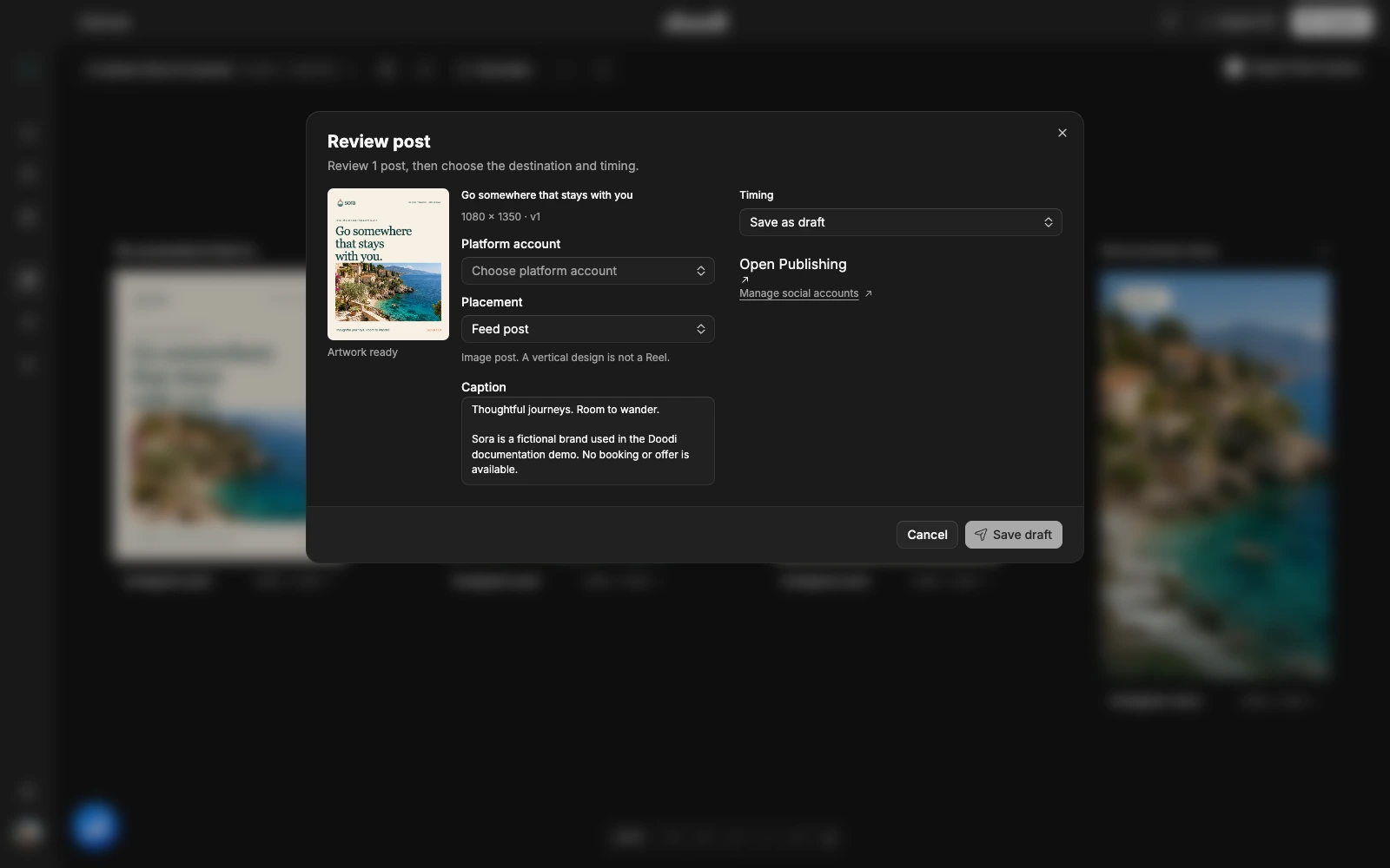 Publishing review for a Sora post with destination, caption, placement and timing