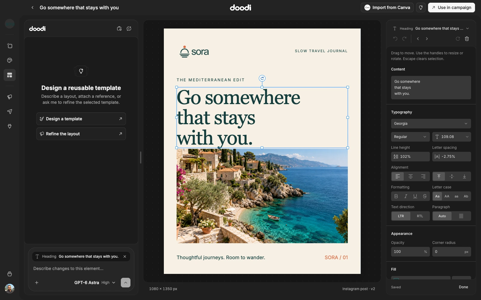 Template studio with a text layer selected and its properties visible