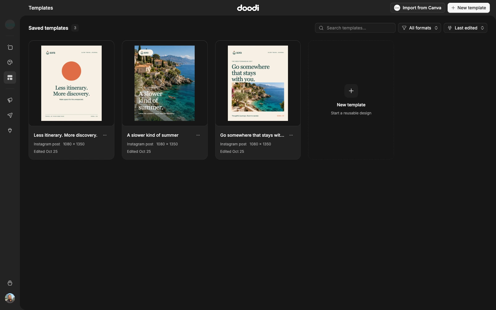 The Sora template library with three independently editable layouts