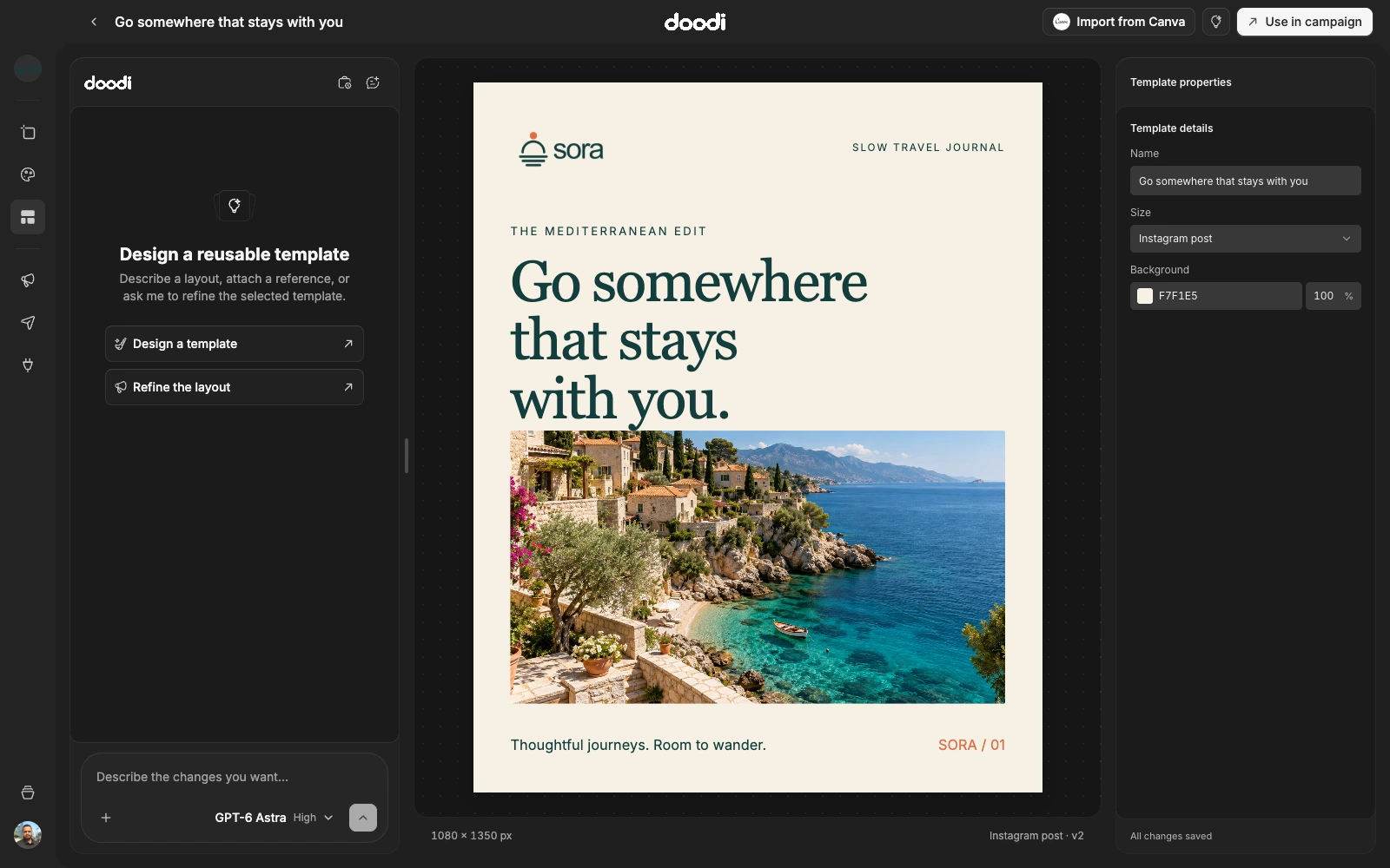 Template studio with Doodi, the Sora artboard and template properties